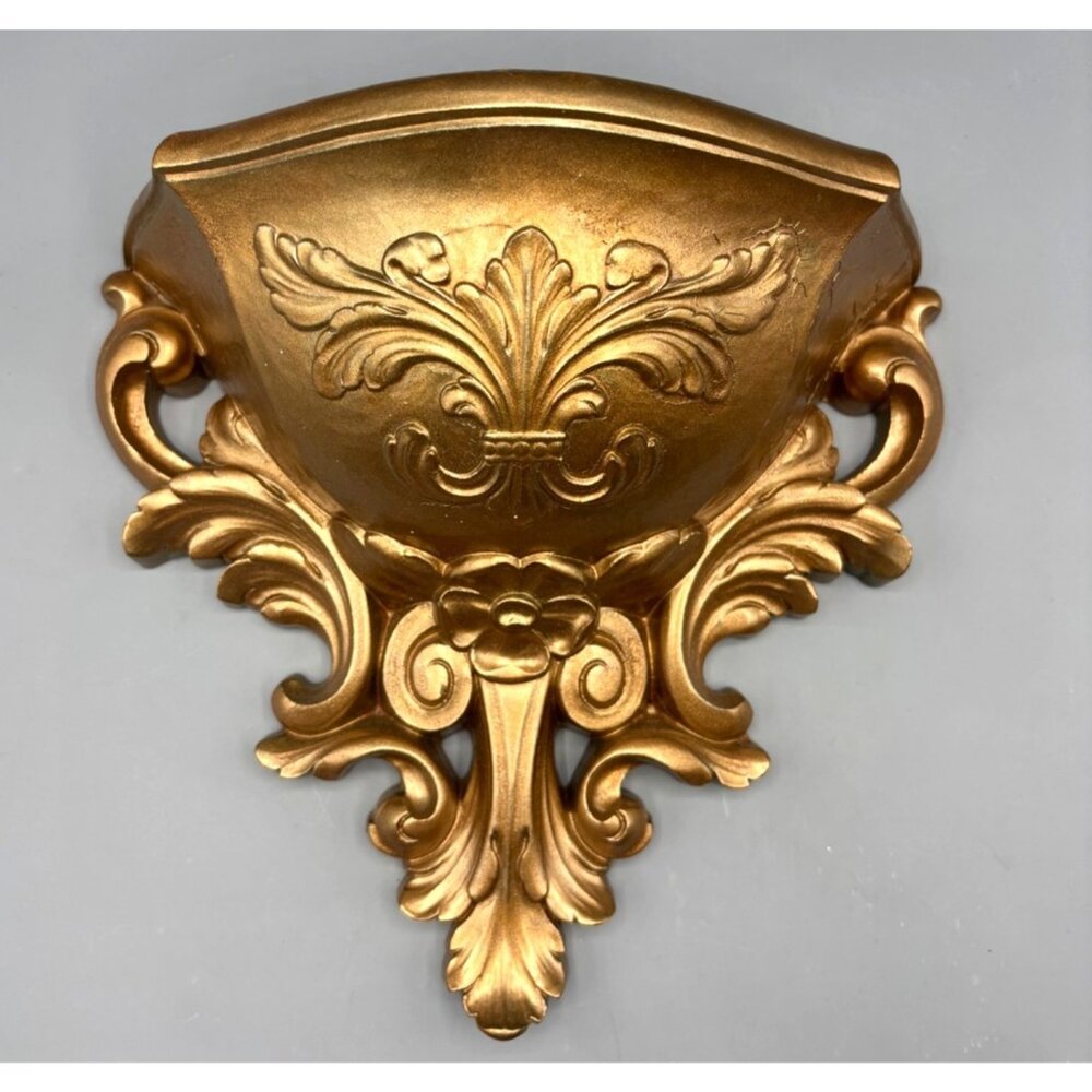 Vtg 70s Gold Tone Wall Pocket Planter Decor Hollywood Regency